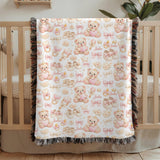 Personalized Teddy Bear Baby Woven Blanket Custom Name Girl Nursery Blanket Baby Shower Gift Pink Nursery Decor