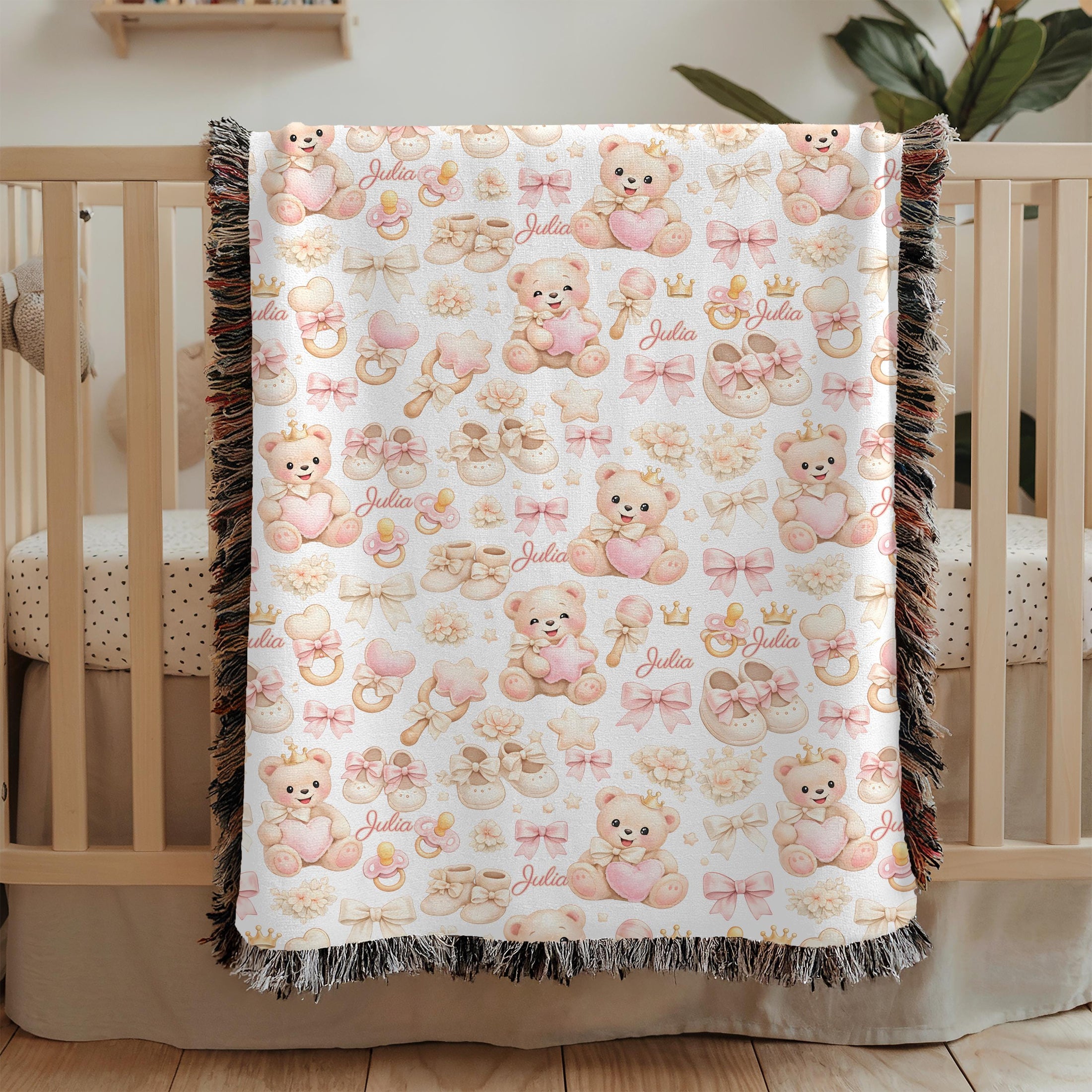 Personalized Teddy Bear Baby Woven Blanket Custom Name Girl Nursery Blanket Baby Shower Gift Pink Nursery Decor