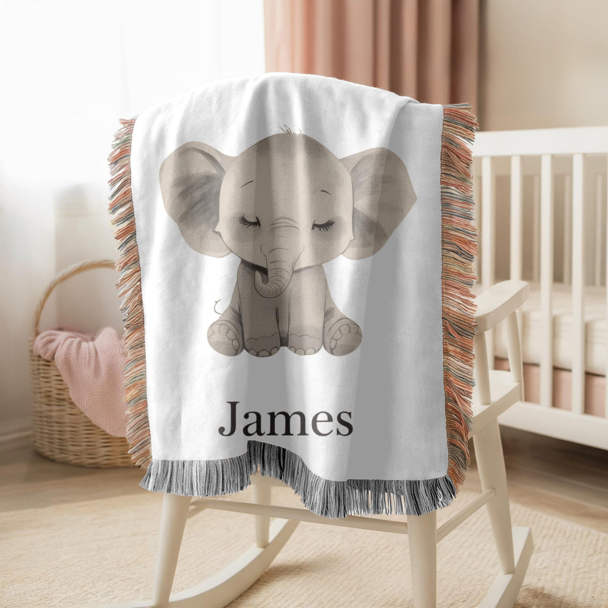Personalized Elephant Woven Blanket Custom Baby Name Blanket Nursery Decor Keepsake Gift Baby Shower Gift
