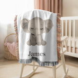 Personalized Elephant Woven Blanket Custom Baby Name Blanket Nursery Decor Keepsake Gift Baby Shower Gift