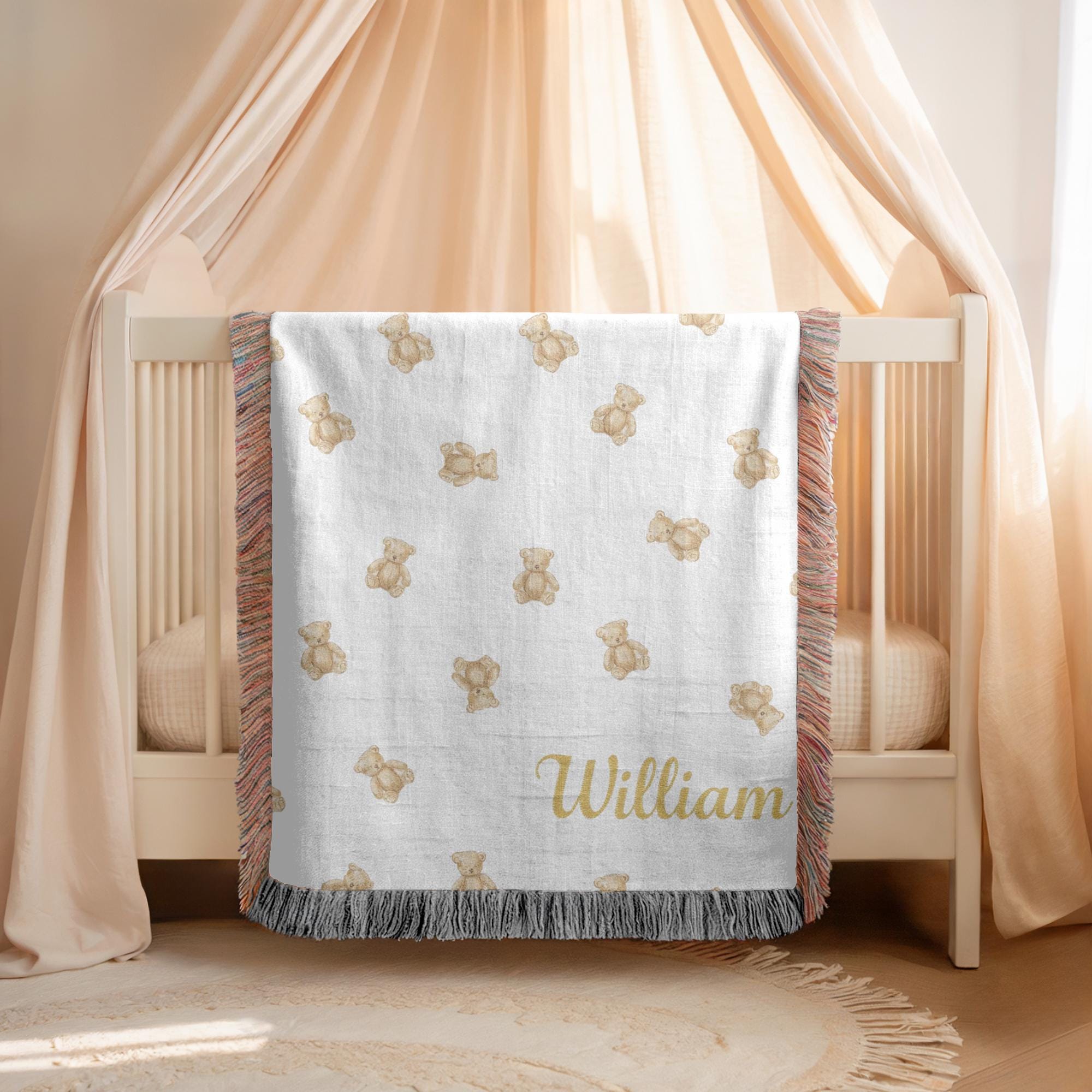 Custom Teddy Bear Woven Blanket Personalized Baby Blanket Nursery Decor Keepsake Gift Baby Shower Gift Name Blanket