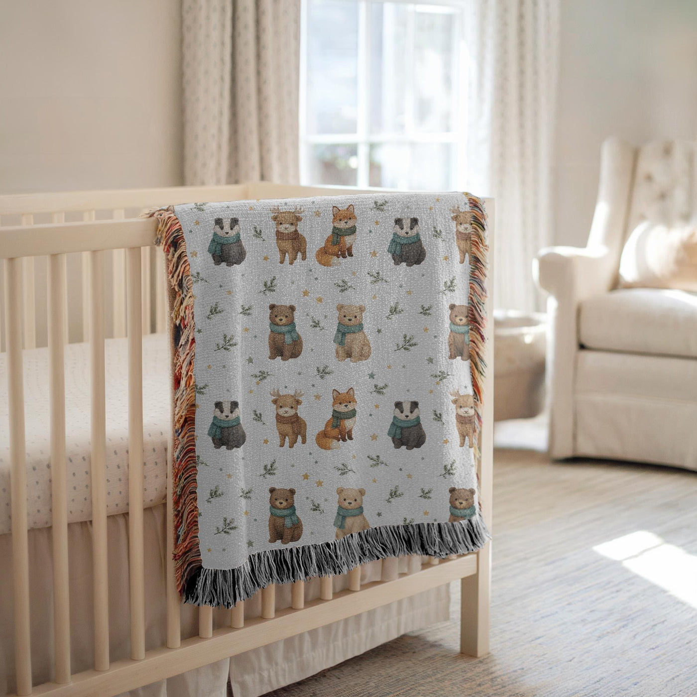 Woodland Animal Nursery Woven Blanket Bear Fox Deer Baby Blanket Forest Animal Throw Baby Shower Gift Kids Room Decor