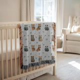 Woodland Animal Nursery Woven Blanket Bear Fox Deer Baby Blanket Forest Animal Throw Baby Shower Gift Kids Room Decor