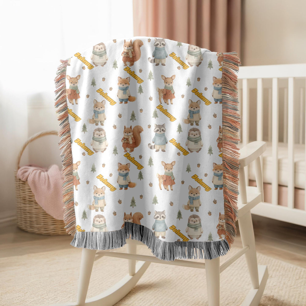 Personalized Woodland Animal Woven Blanket Custom Name Baby Blanket Forest Nursery Decor Fox Deer Bear Baby Shower Gift