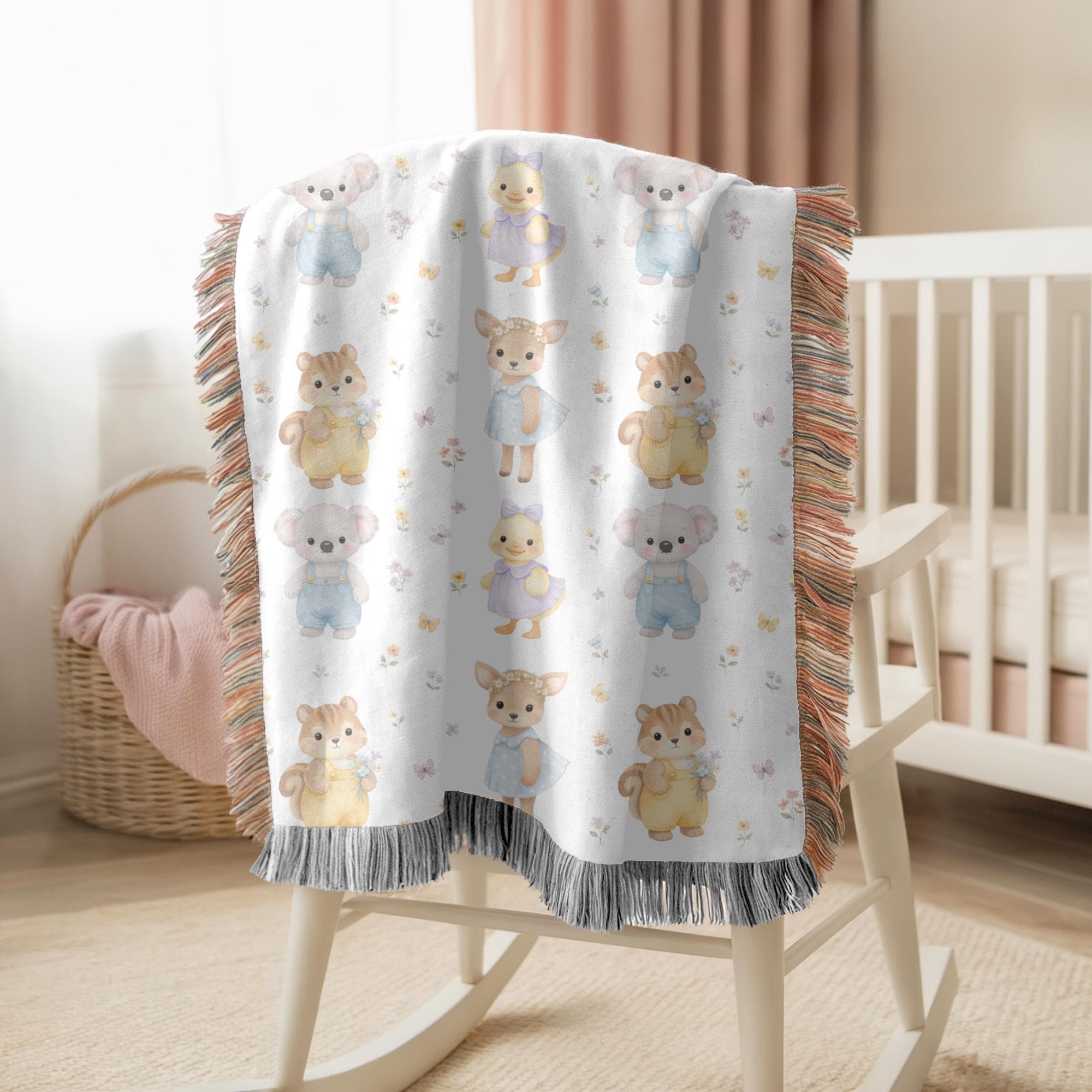 Cute Woodland Animal Baby Woven Blanket Forest Nursery Decor Koala Duck Deer Squirrel Kids Throw Baby Shower Gift