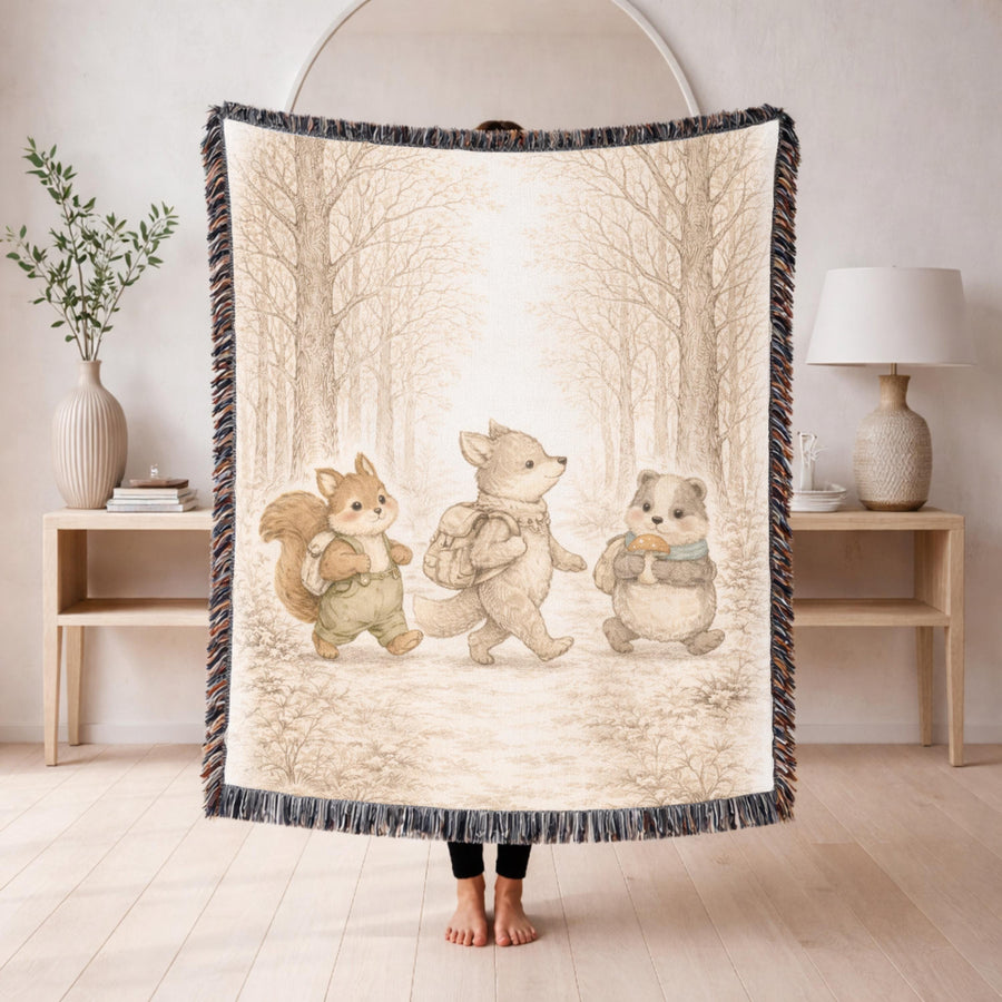 Cream fringed woven blanket printed in soft sepia with a squirrel, a wolf cub and a badger walking in single file through bare winter woodland, each carrying a small backpack.