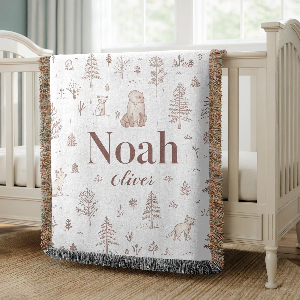 Personalized Woodland Baby Name Woven Blanket Custom Nursery Blanket Forest Animal Decor Baby Shower Gift