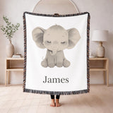 Personalized Elephant Woven Blanket Custom Baby Name Blanket Nursery Decor Keepsake Gift Baby Shower Gift