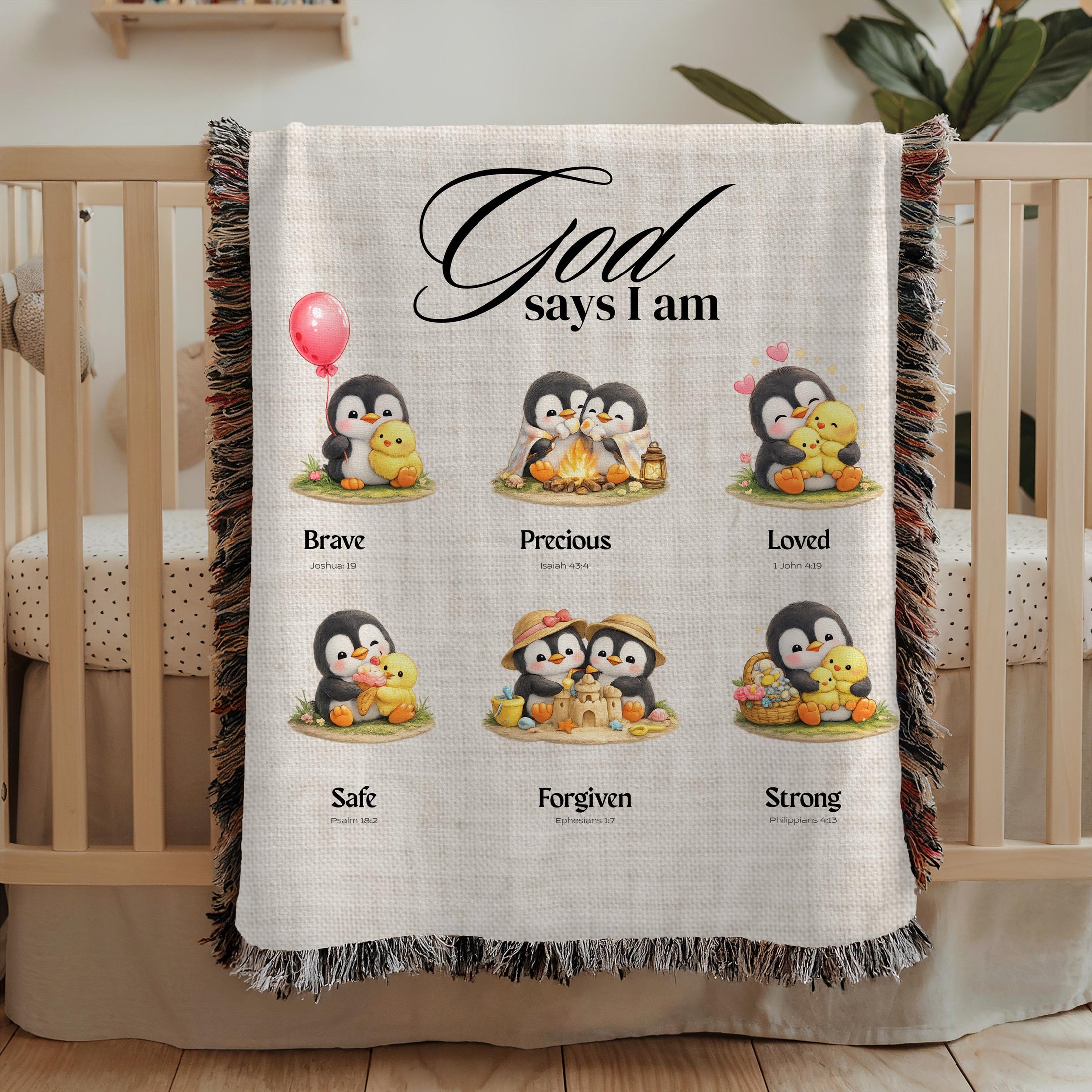 Penguin Bible Verse Kids Woven Blanket Christian Nursery Blanket Faith Baby Blanket Baptism Gift Baby Shower Gift Nursery Decor