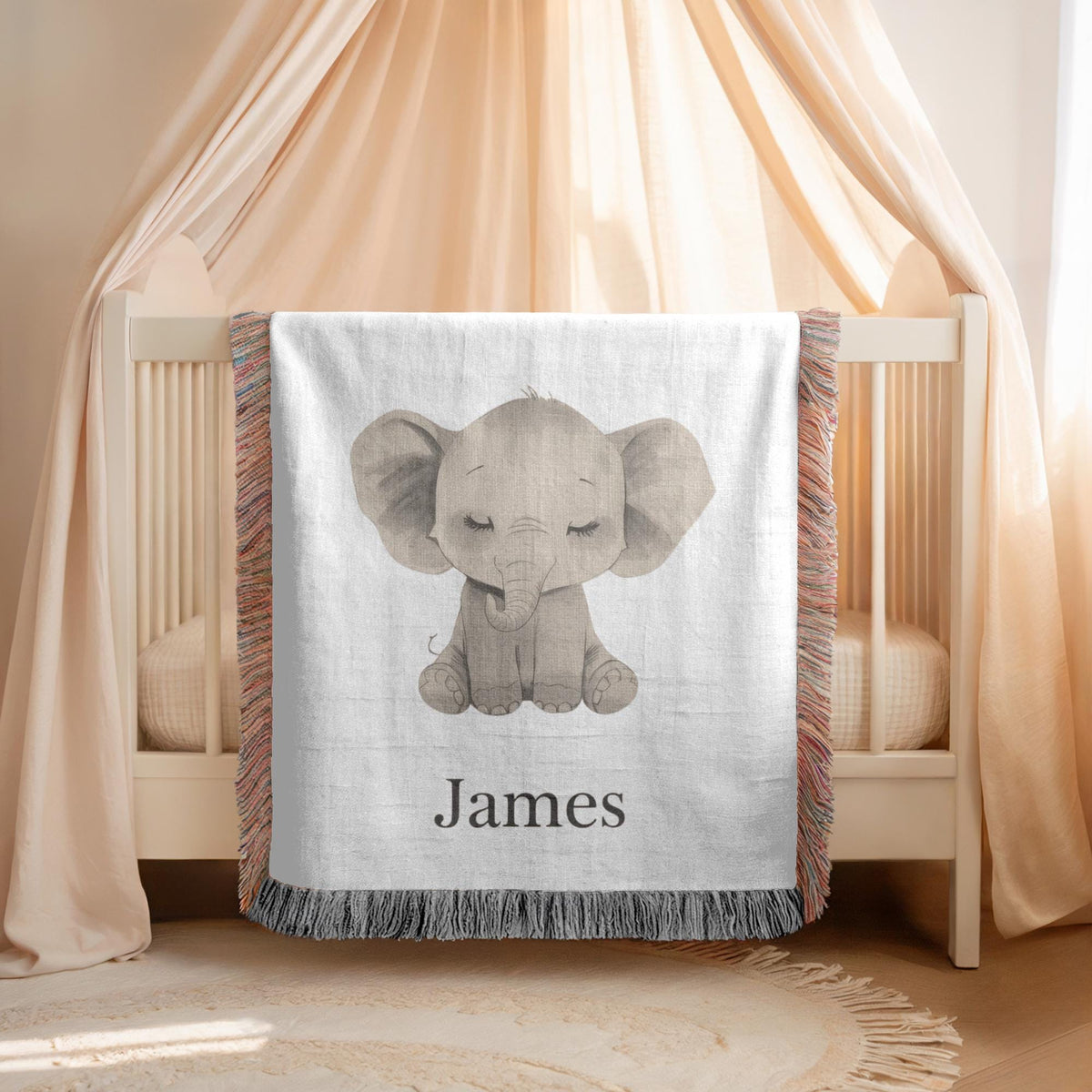Personalized Elephant Woven Blanket Custom Baby Name Blanket Nursery Decor Keepsake Gift Baby Shower Gift