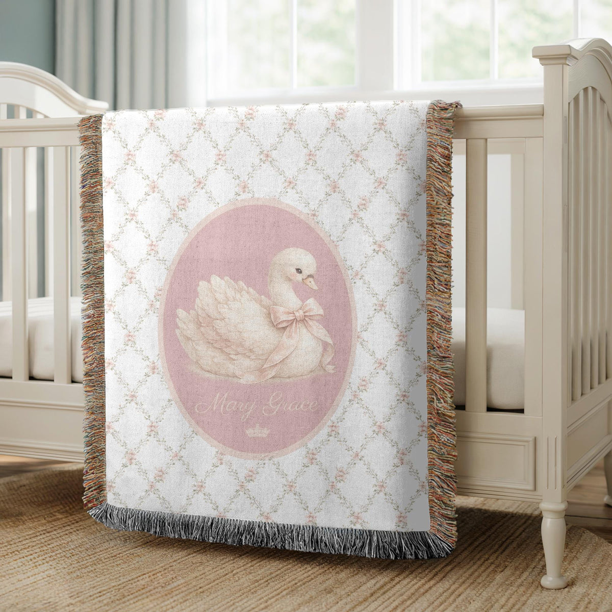 Personalized Swan Baby Woven Blanket Princess Nursery Blanket Custom Name Baby Girl Blanket Baby Shower Gift Nursery Decor