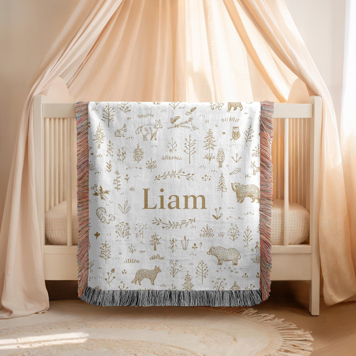 Personalized Woodland Name Woven Blanket Custom Baby Blanket Forest Animal Nursery Decor Baby Shower Gift