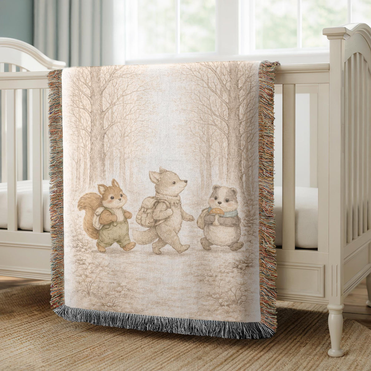 Woodland Friends Woven Blanket Forest Animal Nursery Decor Bear Fox Squirrel Kids Blanket Baby Shower Gift