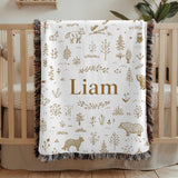 Personalized Woodland Name Woven Blanket Custom Baby Blanket Forest Animal Nursery Decor Baby Shower Gift