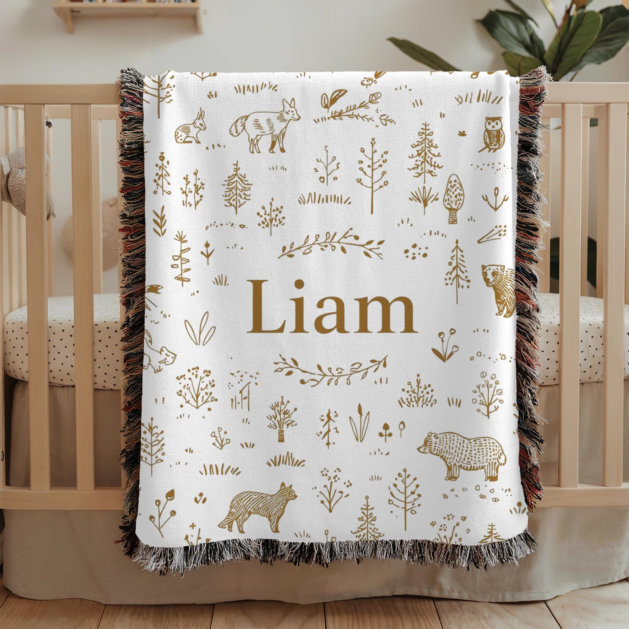 Personalized Woodland Name Woven Blanket Custom Baby Blanket Forest Animal Nursery Decor Baby Shower Gift