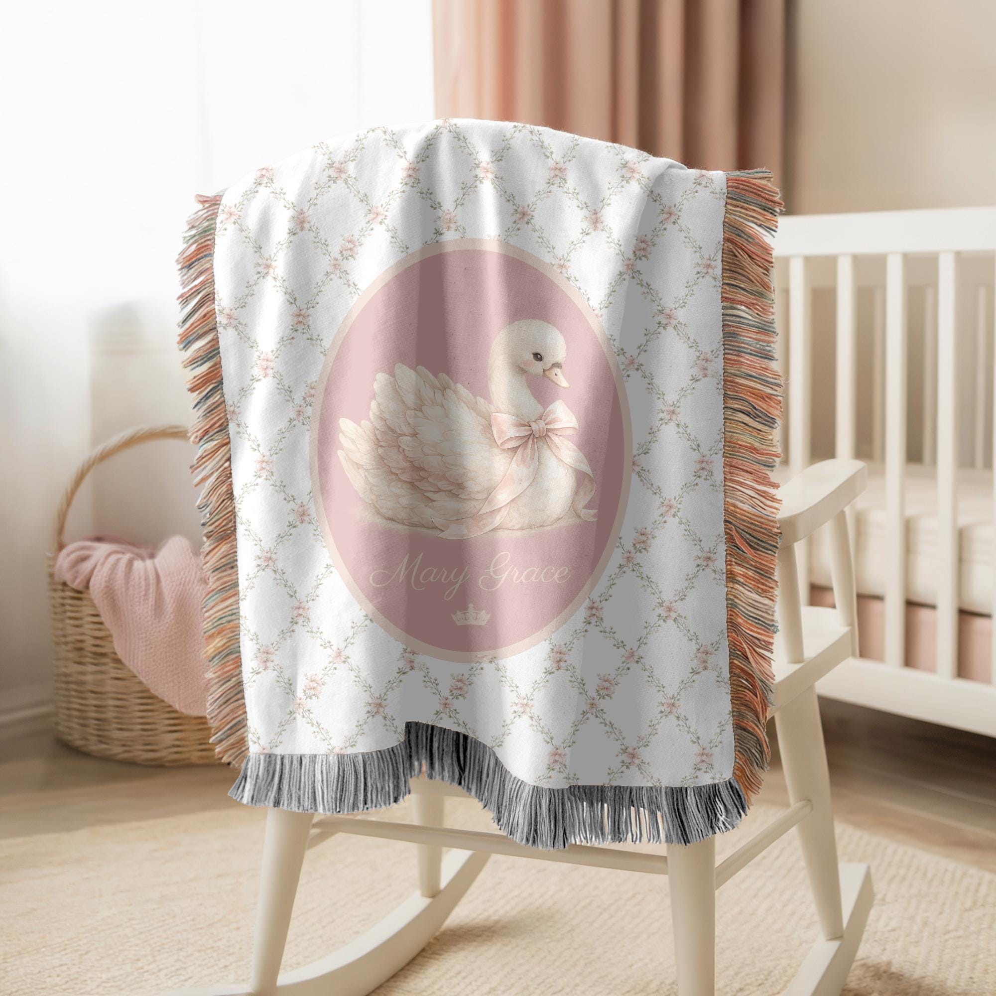 Personalized Swan Baby Woven Blanket Princess Nursery Blanket Custom Name Baby Girl Blanket Baby Shower Gift Nursery Decor