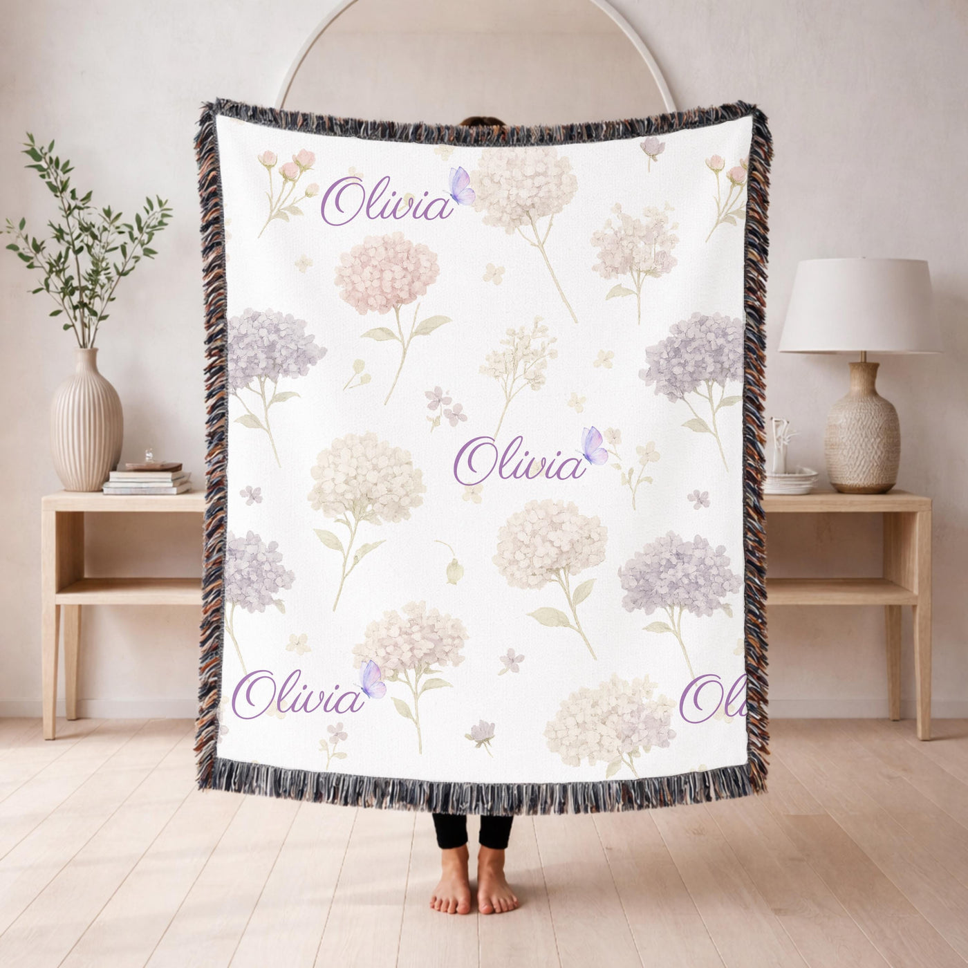 Personalized Hydrangea Floral Woven Blanket Custom Name Baby Blanket Nursery Decor Girl Baby Shower Gift Butterfly Floral Throw