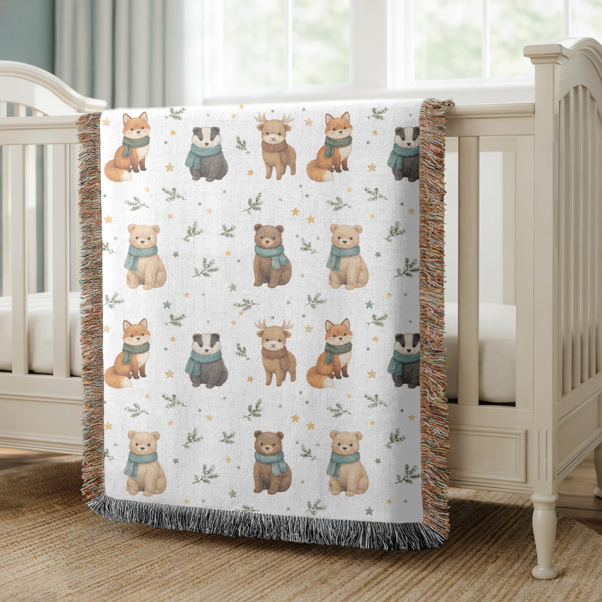 Woodland Animal Nursery Woven Blanket Bear Fox Deer Baby Blanket Forest Animal Throw Baby Shower Gift Kids Room Decor