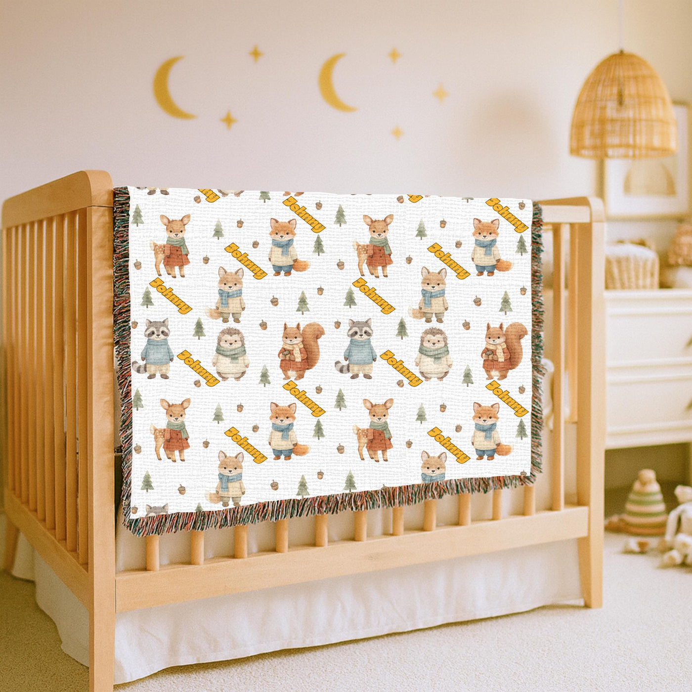 Personalized Woodland Animal Woven Blanket Custom Name Baby Blanket Forest Nursery Decor Fox Deer Bear Baby Shower Gift