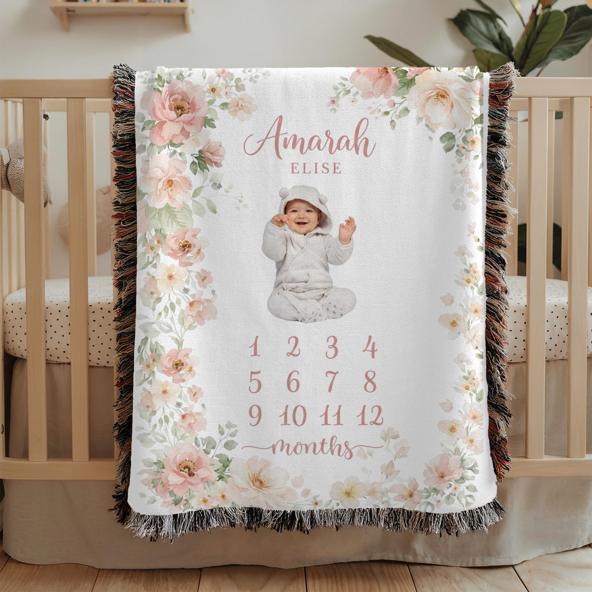 Personalized Baby Milestone Woven Blanket Floral Baby Blanket Monthly Photo Blanket Baby Shower Gift Nursery Decor