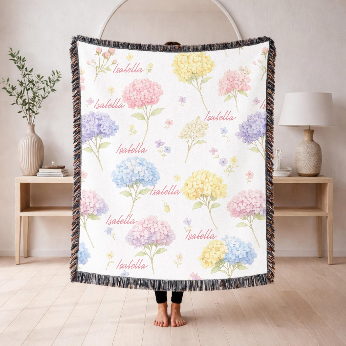 Personalized Hydrangea Floral Woven Blanket Custom Name Baby Blanket Girl Nursery Decor Botanical Throw Baby Shower Gift