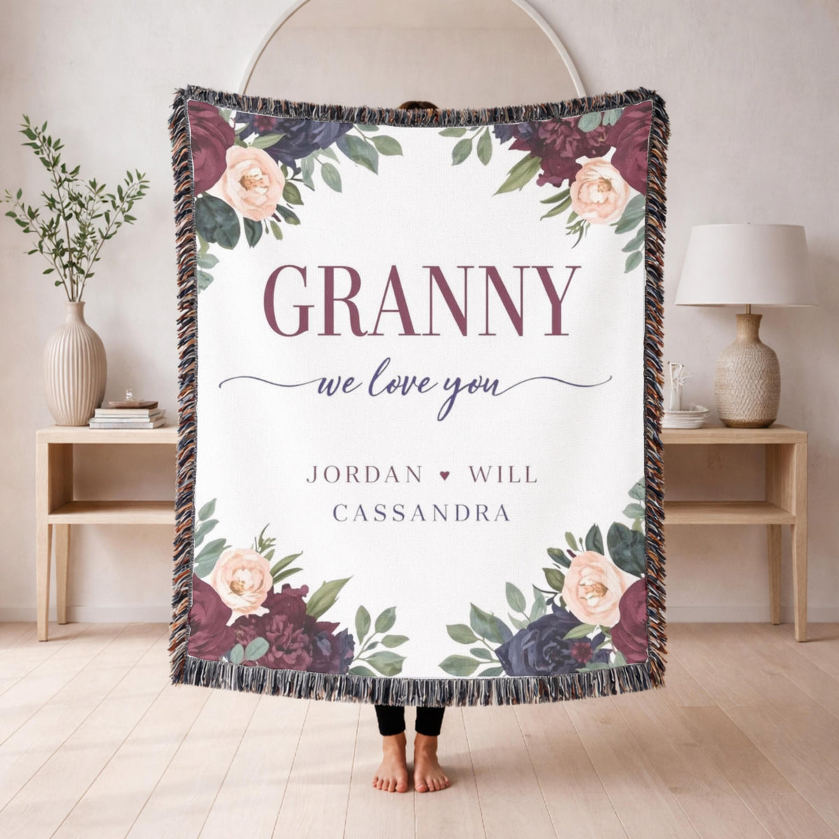 Personalized Granny Gift Woven Blanket Custom Grandmother Blanket Floral Family Name Blanket Mothers Day Gift
