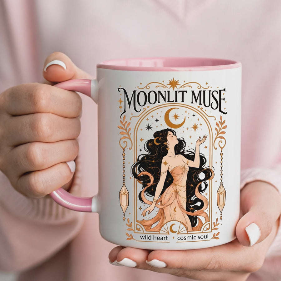 Moonlit Muse Coffee Mug, Celestial Goddess Art Mug, Mystic Moon Aesthetic Cup, Boho Spiritual Gift for Women, Cosmic Soul Coffee Mug