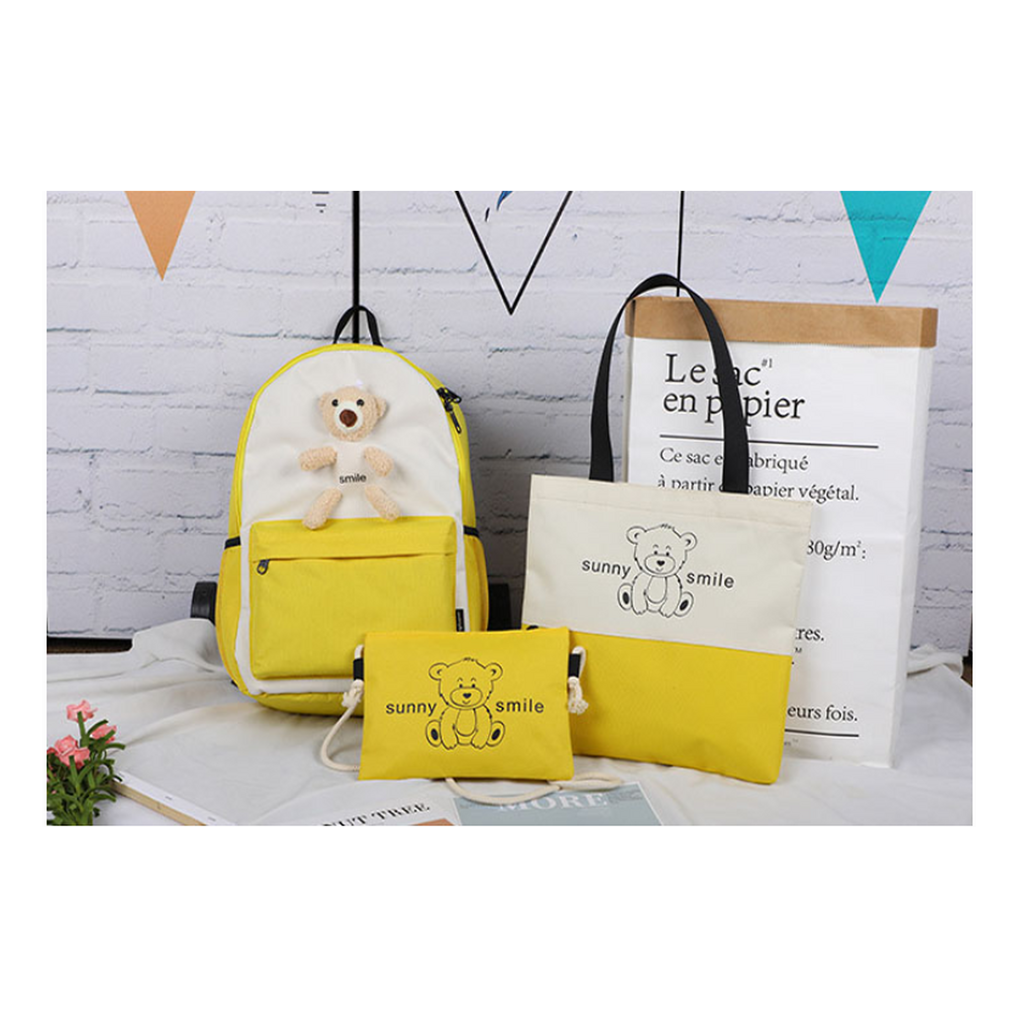 College style backpack bear backpack Girls high school student schoolbag three piece set